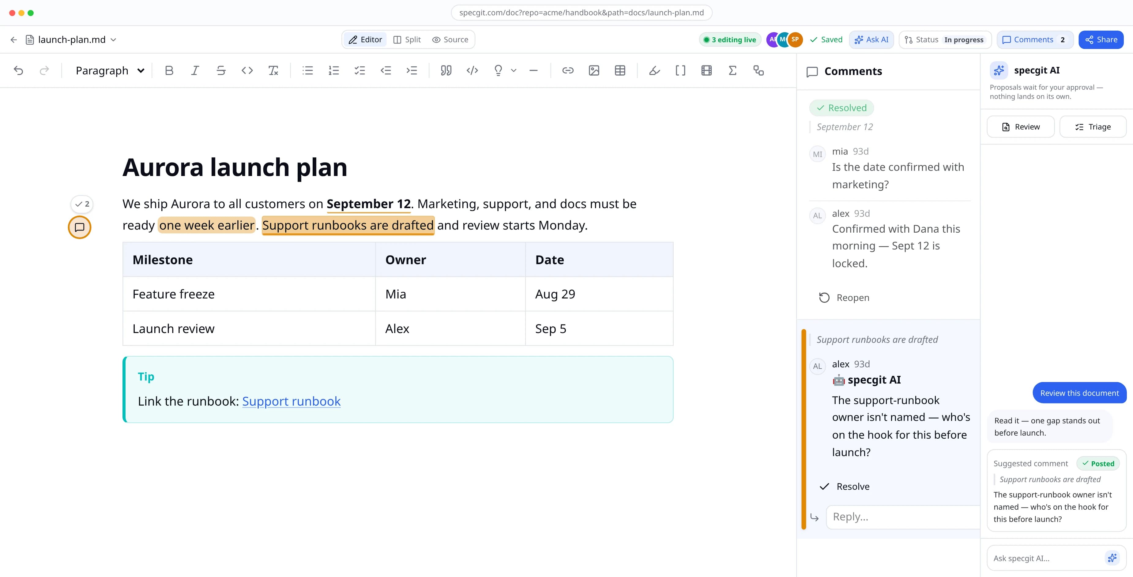 The specgit editor: a launch-plan doc with live co-editing, the inline comments pane, and the specgit AI review panel